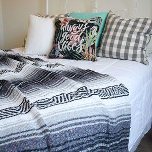 Boho Mexican Blanket Black Grey White